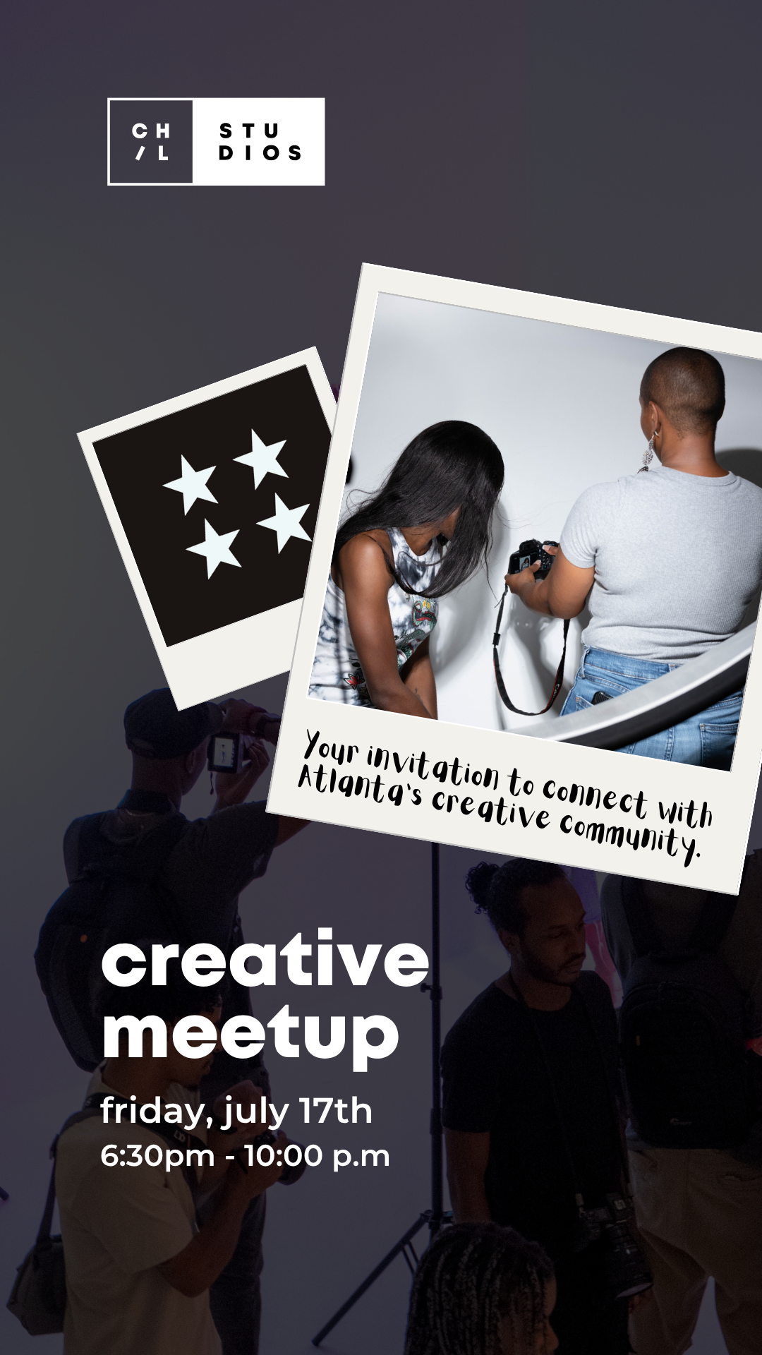 Creative studio meetup story graphic.