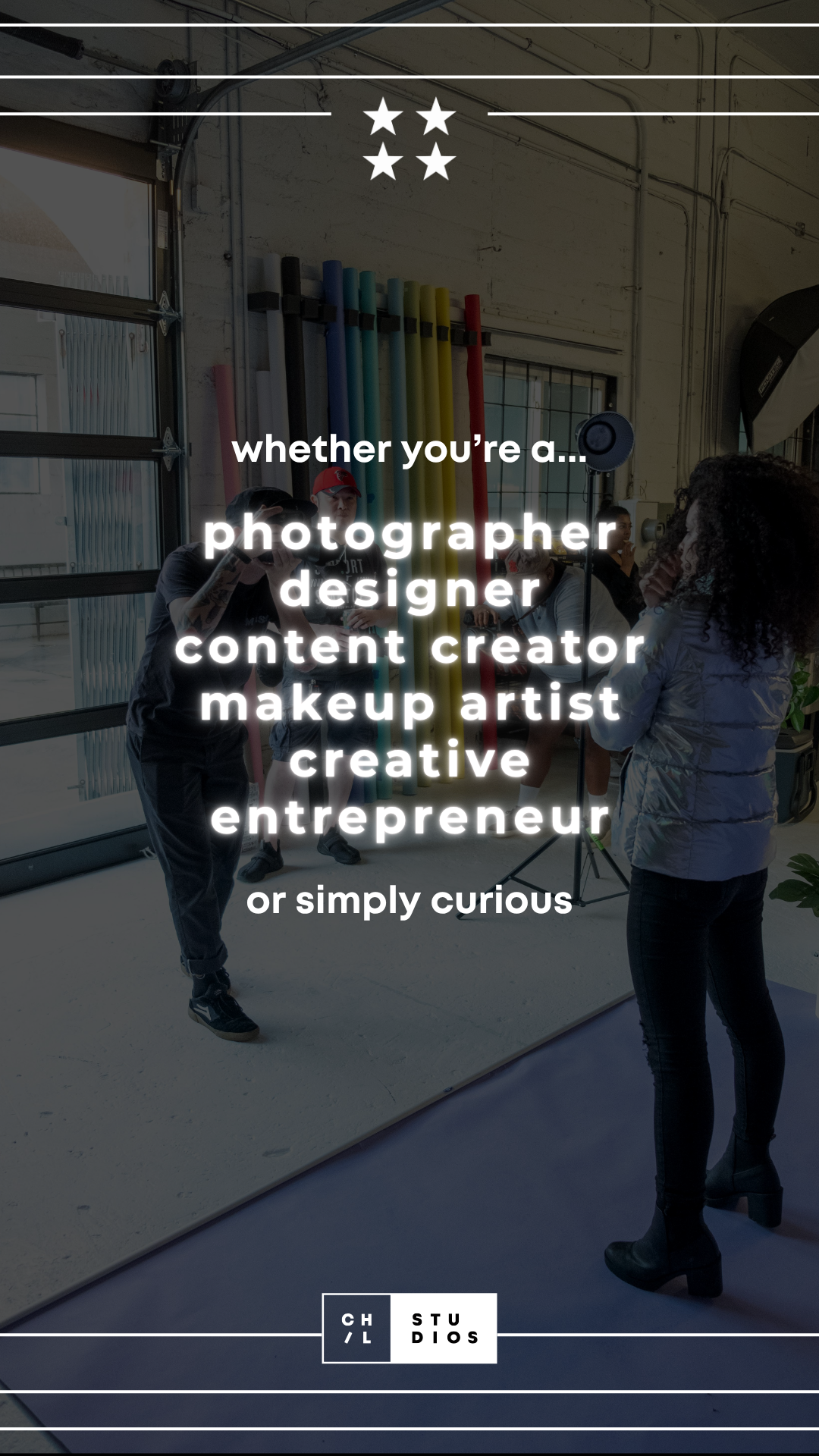 Creative studio meetup audience story graphic.